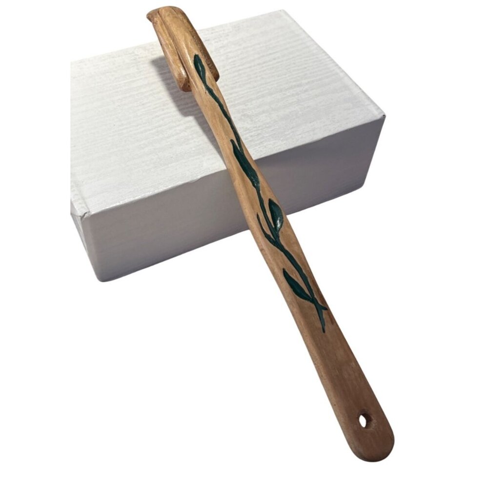 Handcrafted Wooden Back Scratcher With Leaf Design Handle 13"